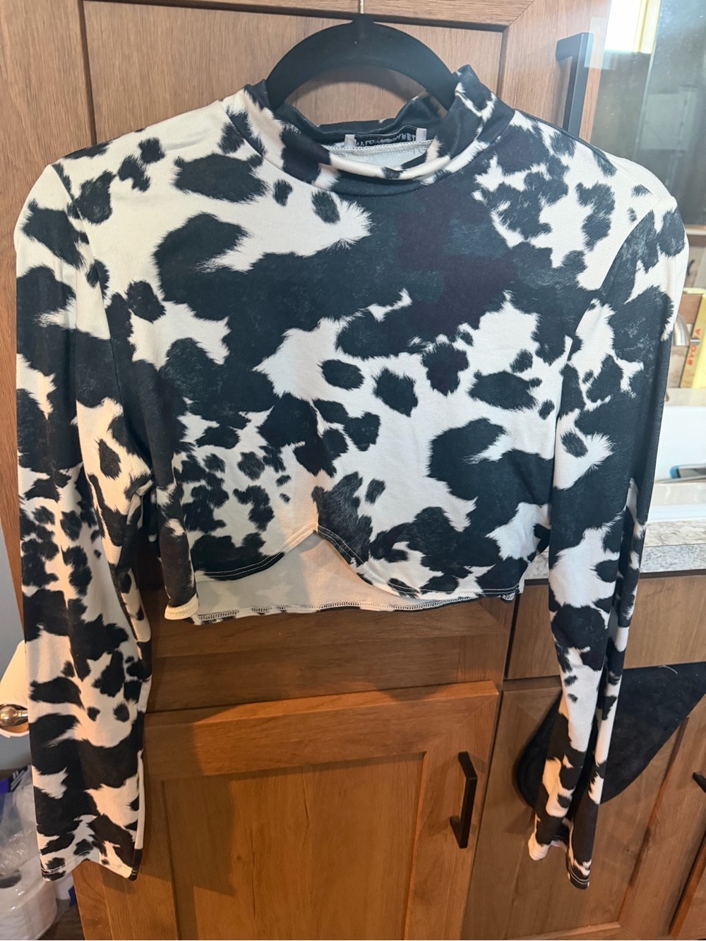 Black White Cow Print Long Sleeve Crop Top Western Size L
